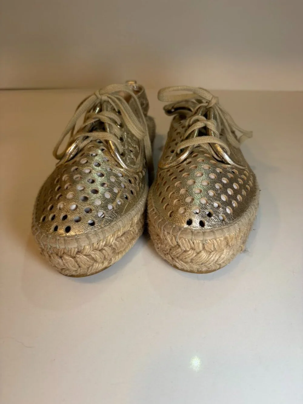 Loeffler Randall Rowan Metallic Gold Perforated Leather Espadrille Flats 36 6